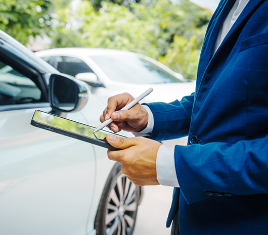 Person standing in front of car with tablet in hand